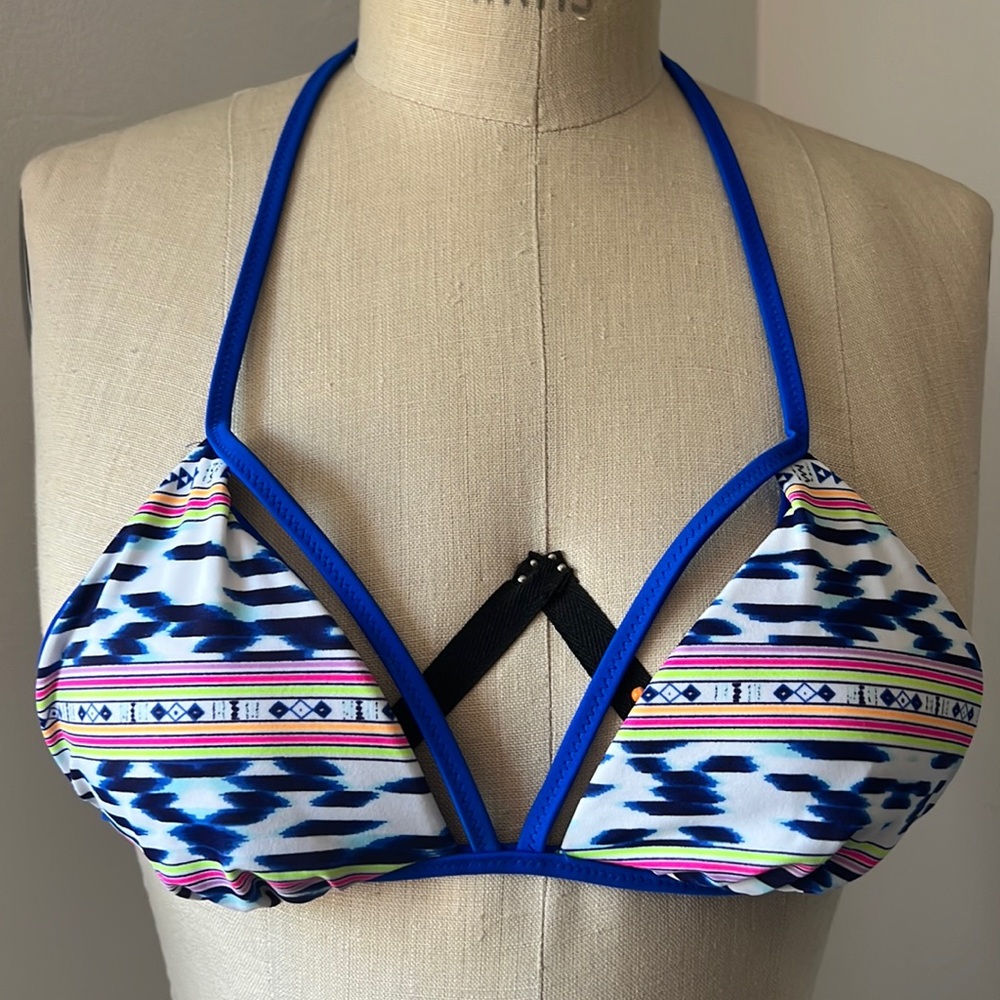 PINK Reversible Blue & Neon Multi-Color Tribal Design Bikini Top Size Small